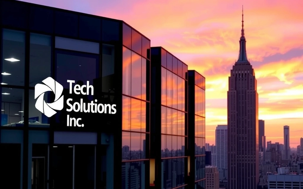 A modern office building with Tech Solutions Inc. logo in New York City, depicting a bustling urban environment.