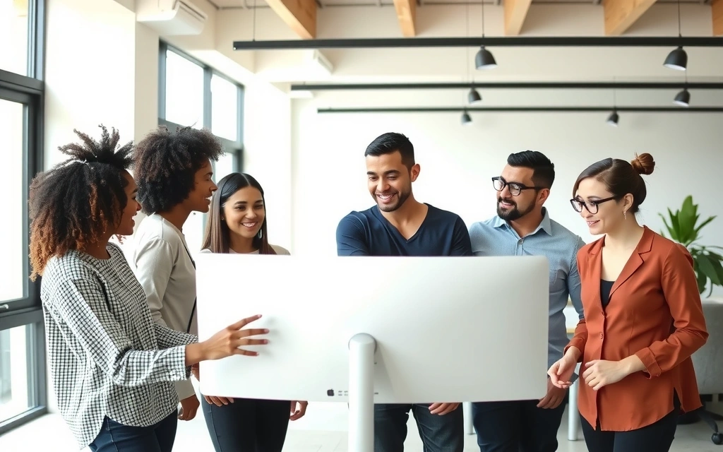 Diverse group of professionals collaborating on a digital project, smiling and looking at a screen, representing social connection and teamwork.