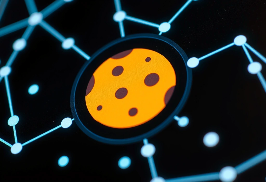 Close-up of a digital cookie icon on a screen, surrounded by abstract network lines