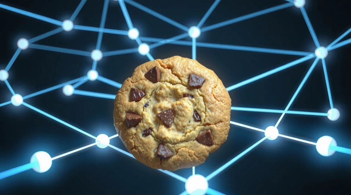 Digital cookies flowing as data streams on a secure network, symbolizing data privacy and web technology