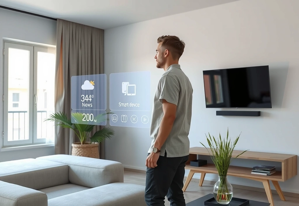 A person interacting with a smart home device, surrounded by futuristic interfaces