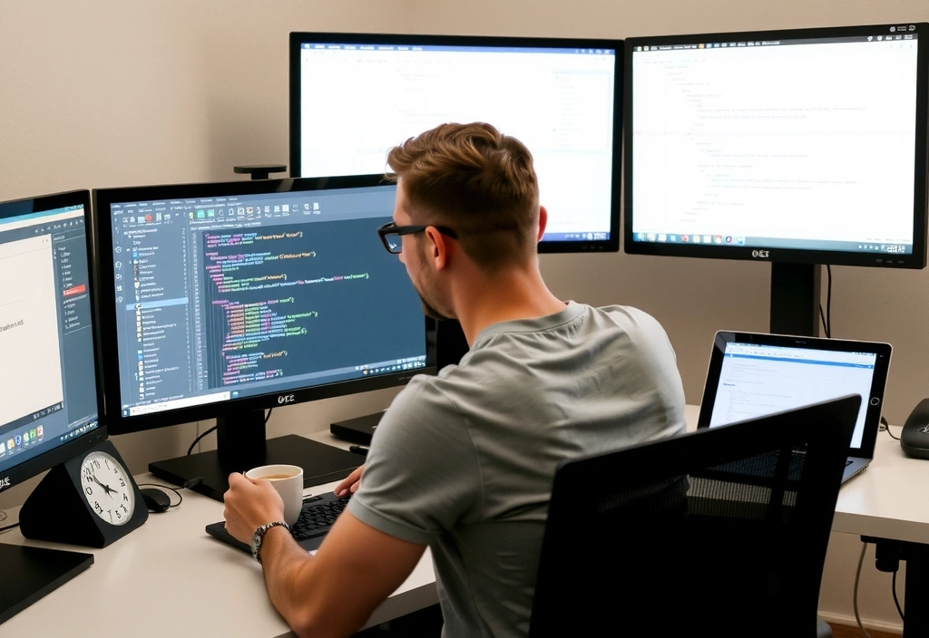 Developer coding on multiple screens in a focused environment