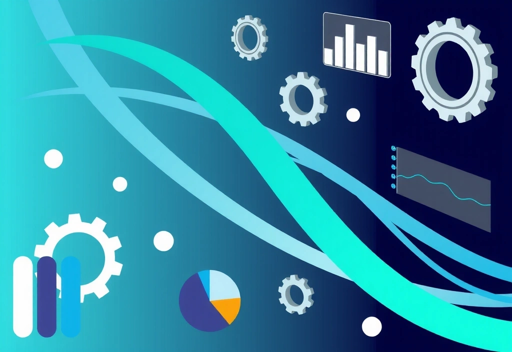 Abstract illustration showing data flowing into a system and being processed, with gears and analytical charts, representing data usage