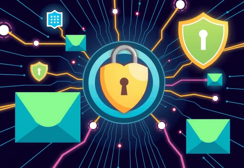 Cyber security illustration with a padlock icon surrounded by digital data streams and protective barriers