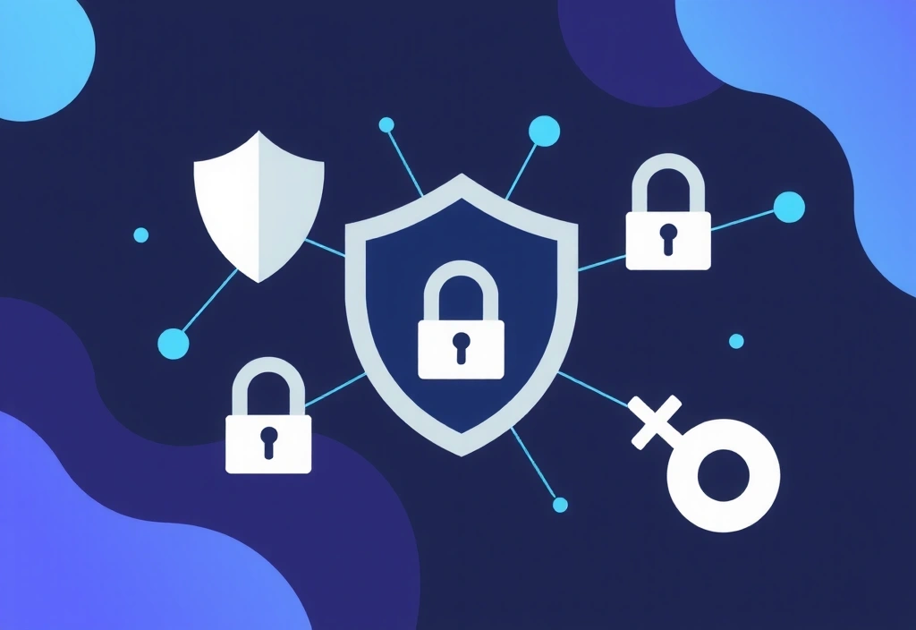 Illustration of data privacy and security, with abstract shields and locks protecting digital information