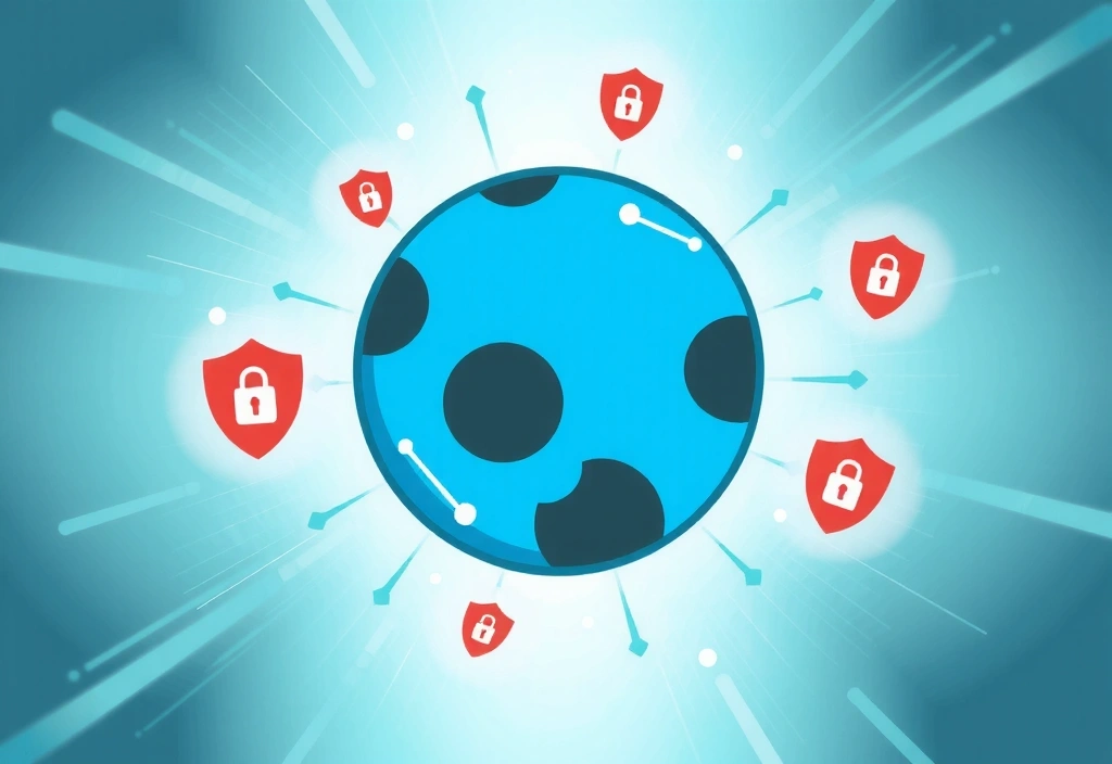 Illustration of a cookie icon with digital data streams around it, representing website cookies and privacy