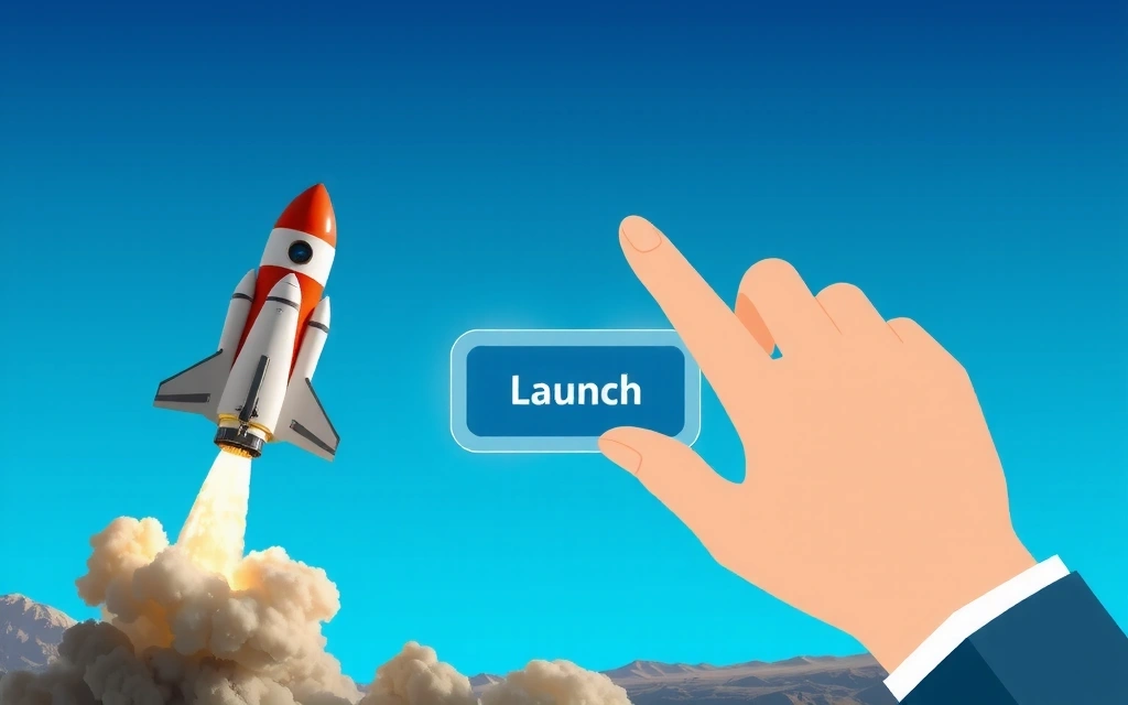 Launch button being pressed on a digital interface with a rocket taking off.