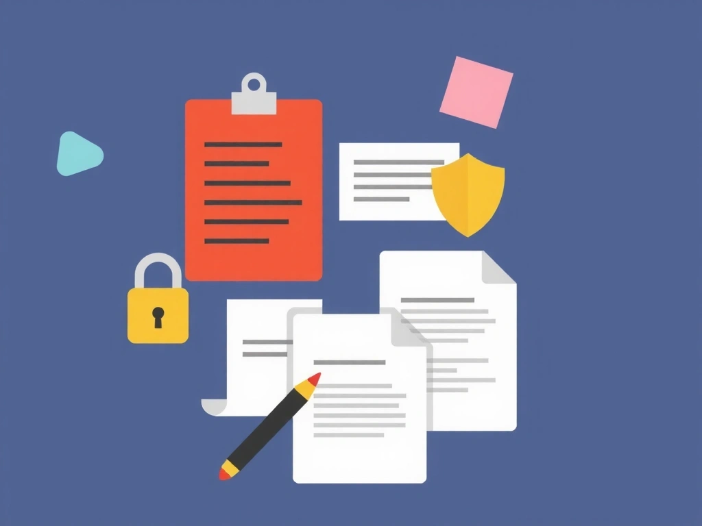 Digital illustration representing legal documents and agreements, with a focus on terms and conditions, data security, and user rights. Features abstract shapes and a clean, modern aesthetic.