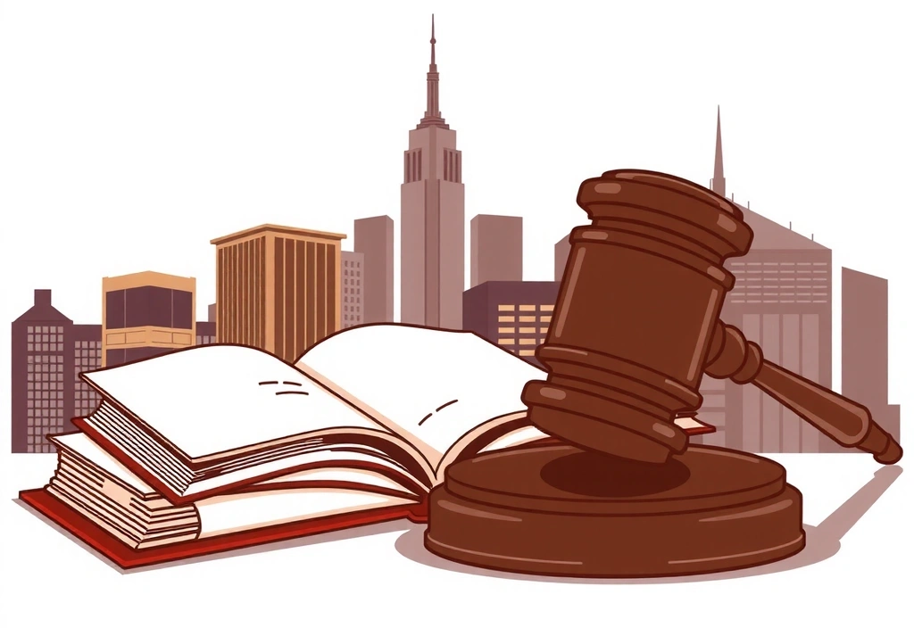 Illustration of a legal gavel and law books, symbolizing justice and legal agreements, with a backdrop of the New York City skyline.