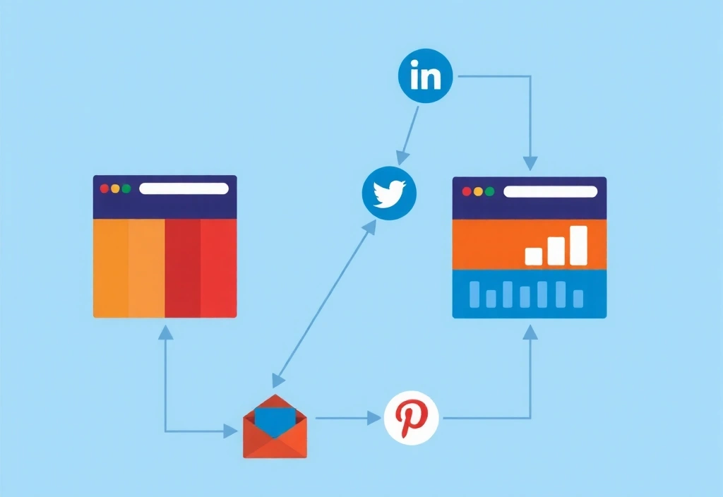 Illustration of interconnected websites and services, showing data flowing between different platforms, emphasizing third-party integrations and external links.