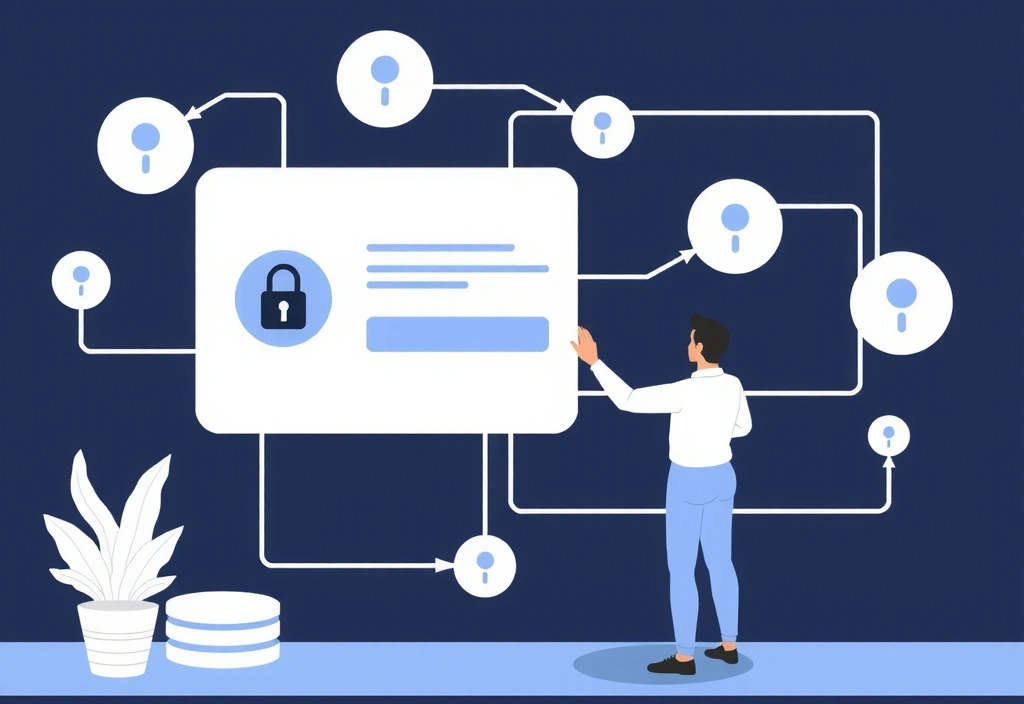 Illustration of a person logging into a secure account, with a padlock icon and digital security elements. Focus on privacy and account protection.